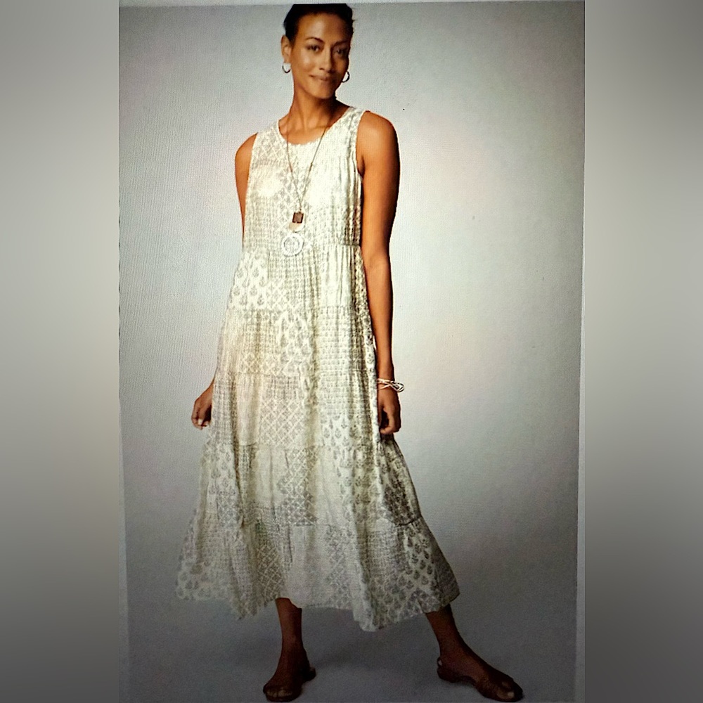 J. Jill NWOT Tiered Exaggerated A-Line Maxi Dress Geo Patchwork Print Moss XLP